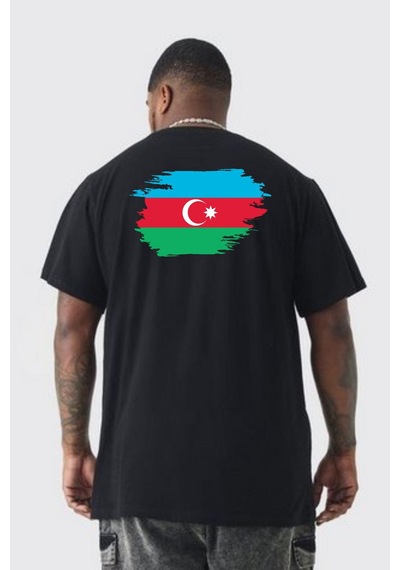 Angemiel Azerbeycan Bayrağı Büyük Beden Siyah Tişört Kadın Erkek Ünisex Sırt Baskılı Siyah