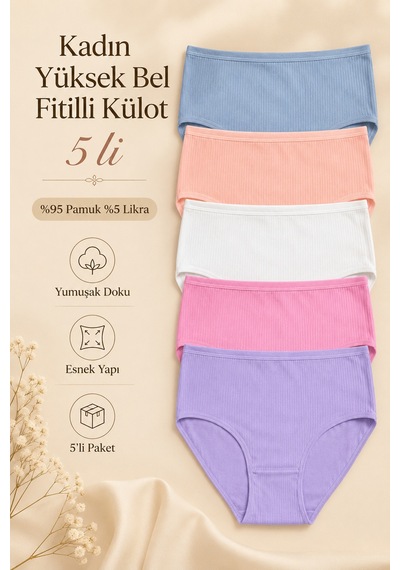Nicoletta Kadın Külot 5 Li Paket Likralı Pamuklu Yüksek Bel Fitilli Ribana Somon