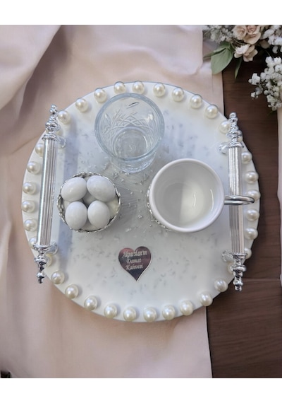 Ethereal Gümüş İncili Söz Nişan Tepsisi Krem