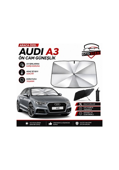 Audi A3 Şemsiye Tip Ön Cam Güneşliği Katlanabilir Uv Korumalı Araç Cam Güneşlik