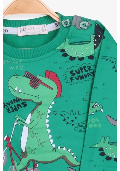 Breeze Erkek Bebek Eşofman Takımı Dinozor Baskılı Yeşil (9 Ay-2 Yaş)
