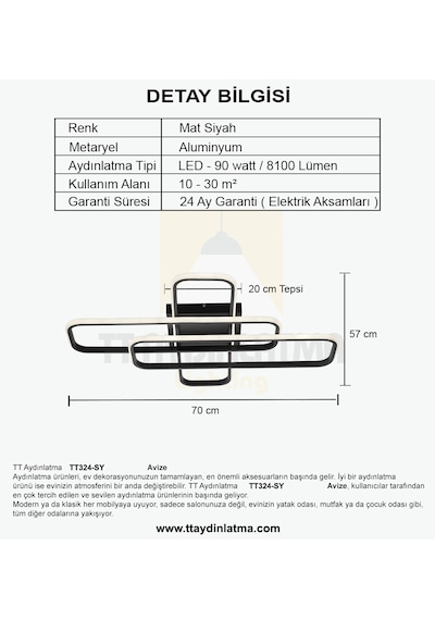 Tt324-sy Tt Ayd. Gün Işığı 57x17 Profil Mat Siyah 3lü Led Avize Siyah