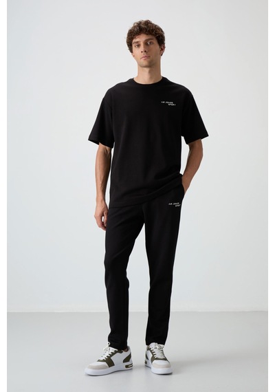 Tommy Life Siyah Pamuklu Kalın Yumuşak Dokulu Oversize Fit Nakışlı Erkek Eşofman Takım - 85252 Siyah