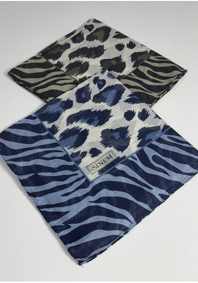 Sinem İndia Leopar Desen 2'li Eşarp -6294 Lacivert-yeşil