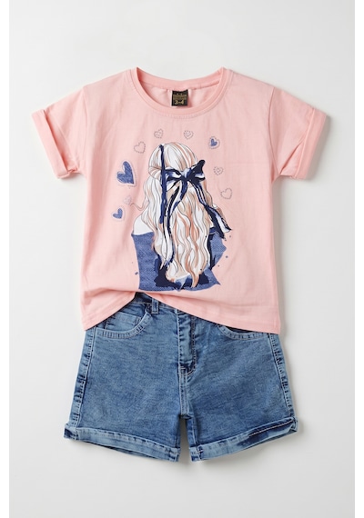 Joy Kids Kız Çocuk Kot Şortlu Taşlı Takım 3-10yaş Pembe AÇIK PEMBE