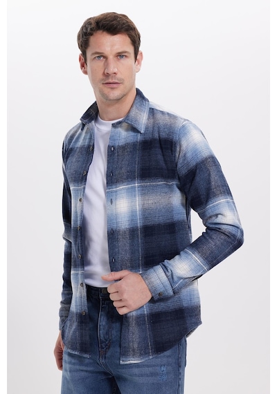 Tudors Erkek Slim Fit Dar Kesim Kareli Kışlık Oduncu Gömlek-42197 Mavi