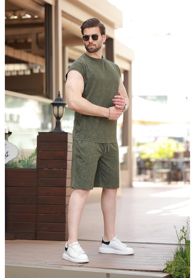 Madmext Haki Basic Erkek Yırtık Detaylı Şort T-shirt Takım E7319