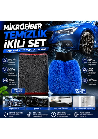 Araç Yıkama Eldiveni + 50x70 Cm Mikrofiber Tank Bezi Seti