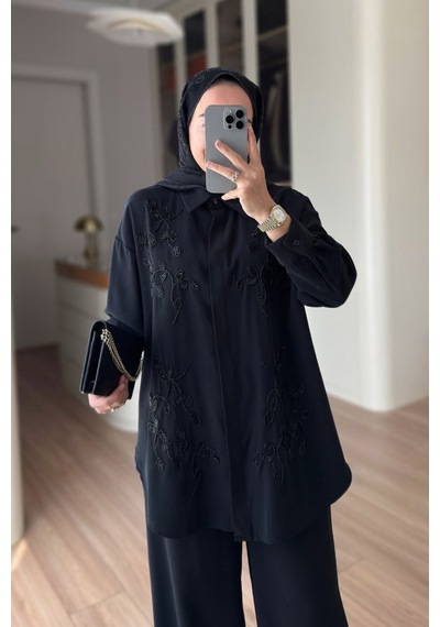 Ka Hijab Boncuk İşlemeli İkili Takım - Siyah