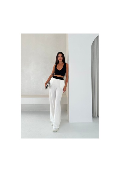 Gugus Kadın Gofre Beli Güpür Lastikli Wide Lege Yazlık Pantolon Beyaz