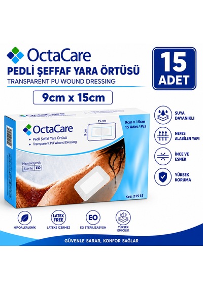 Octacare Su Geçirmez Pedli Şeffaf Pu Film Steril Yara Örtüsü 9cm 15cm 15 Adet