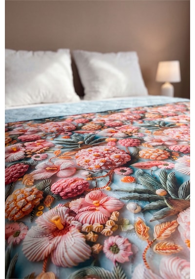 Tropik Çiçekler 5d Çok Amaçlı Çift Kişilik Baskılı Pike & Yatak Örtüsü 200x220 Cm Çok Renkli