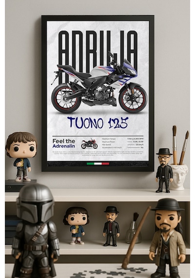 Aprilia Tuono 125 Siyah Ahşap Çerçeveli Poster, Dekoratif Motosiklet Duvar Tablosu