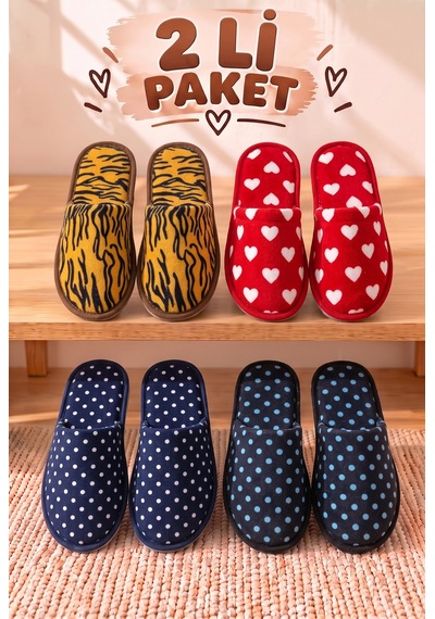 Stwenn 2'li Karma Erkek Kadın Avantajlı Paket Peluş Ev Terliği Kapalı Burun Arkası Açık Sıcak Rahat Panduf 2 Li Kadın Çanak