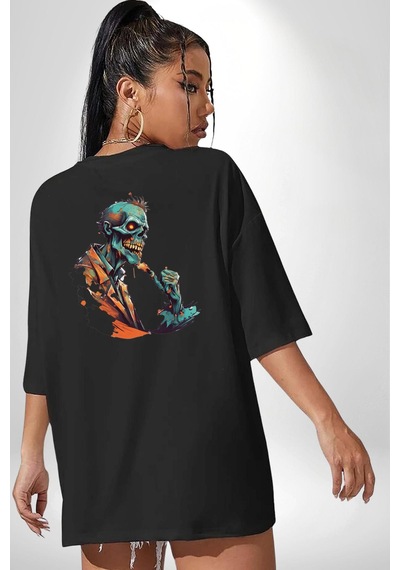 Zombi İskelet Kendine Yumruk Siyah Oversize Unisex Ön Ve Sırt Baskılı Tişört Siyah