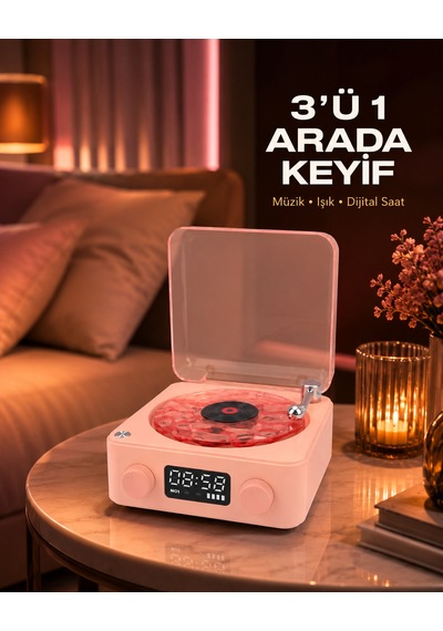 Gece Lambası Stereo Bluetooth Hoparlör Dijital Saat Su Dalgası Efektli 3-ü-1 Cihaz - Lisinya Pembe 60028658