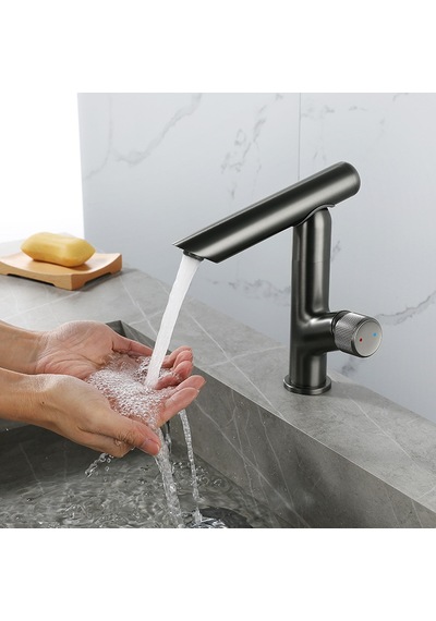 Antrasit Modern Tezgah Üstü 360 Döner Banyo Lavabo Bataryası Siyah