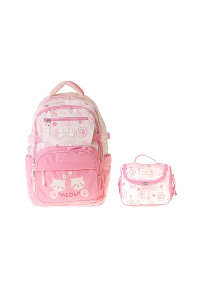 Calacilo Kız Çocuk İlkokul Sırt Çantası Ve Beslenme Seti - Kedi Baskılı Pembe Setcc-c4038b Pembe - Krem