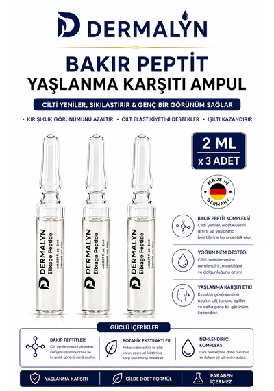 Dermalyn 3 Adet Bakır Peptit Yaşlanma Karşıtı Sıkılaştırıcı Kolajen Destekleyici Ampul Serum Dermaroller