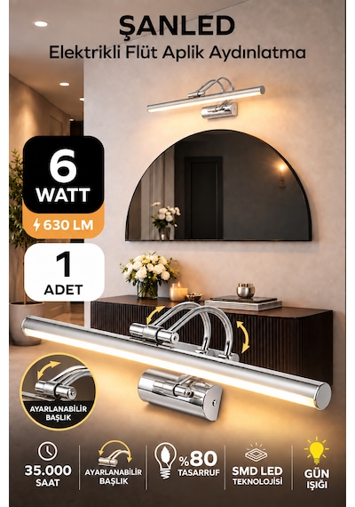 6w Elektrikli Flüt Led Aplik Krom Renk Gün Işığı Ayarlanabilir Başlık