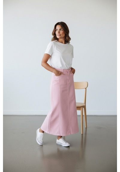 Vellichor Parçalı Uzun Denim Etek - Pembe Çok Renkli