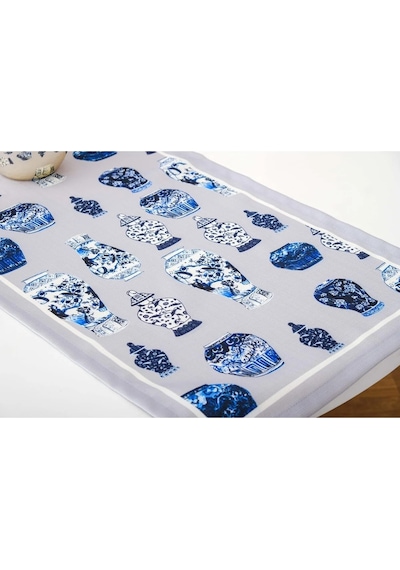 Vista Baskılı Kumaş Kreme Mavi Runner Kırlent Seti 3 Parça 45x45 Cm 1372 Mavi