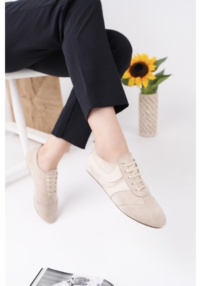 Muggo Vibe Bağcıklı Günlük Kadın Sneaker Spor Ayakkabı Bej
