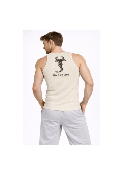 Assema Erkek Fitilli Atlet Sıfır Yaka Slim Fit Arka Baskılı Spor Atlet - Krem Çok Renkli