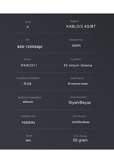 Dark Alien X1 Kablosuz 3 Modlu Oyuncu Mouse- 59 Gram 400 Mah Batarya- Makrolu Diğer