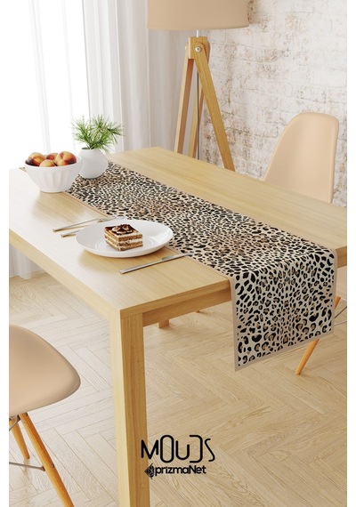Leopar Desenli Runner Masa Örtüsü Dertsiz Süet Dokulu Kumaş