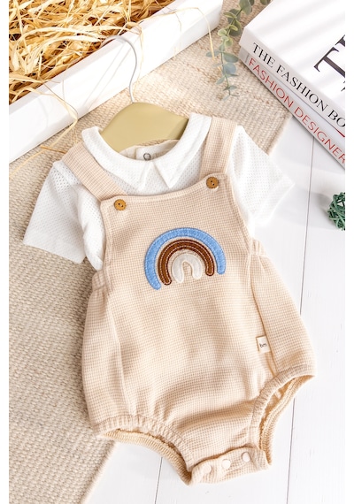 Babymod Gök Kuşaklı 100% Pamuk Erkek Bebek Salopet Yazlık Tulum Bej