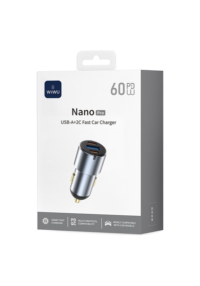 Wiwu Wi-cc032 Nano Pro Dual Type-c + Usb-a Hızlı Şarj Akım Korumalı Araç Şarj Aleti Pd Qc3.0 60w Gri