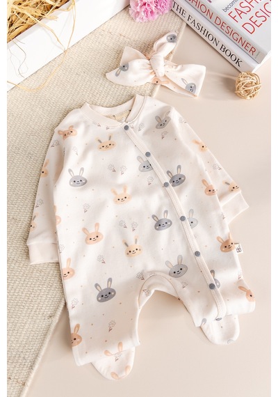 Baby Mod %100 Pamuklu Tavşan Desenli Bandanalı Kız Bebek Tulum Ekru