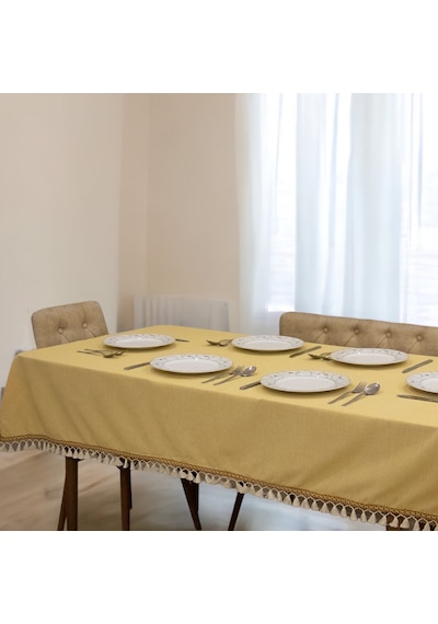 Dnc Home Tekstil  Sarı Pamuk Keten Kahverengi Şerit Ponponlu Masa Örtüsü