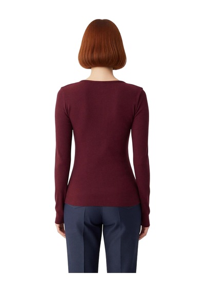 Ersefa Stil Kadın Çıtçıtlı Fitted Vücuda Oturan Fitilli Esnek Bluz Regul bordo