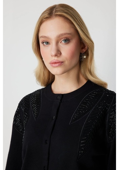 On Fashion Kadın Taş Detaylı Siyah Hırka 60908 Siyah