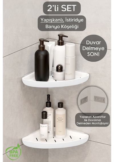 2 Adet Yapışkanlı Banyo Düzenleyici Duş Rafı - Şampuanlık Sabunluk Banyo Köşeliği Köşe Rafı Beyaz Beyaz