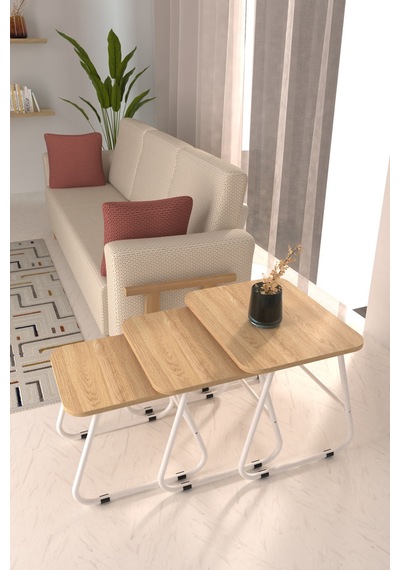 Vilinze Zigana Çok Amaçlı Beyaz Metal Ayak 3'lü Naturel Mdf Zigon Sehpa Beyaz-naturel