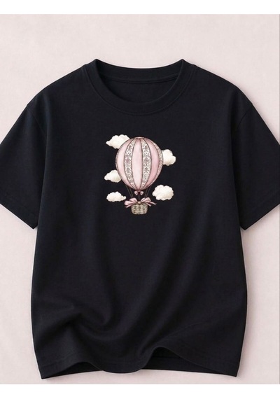 Uçan Balon Baskılı Kompak T-shirt Siyah