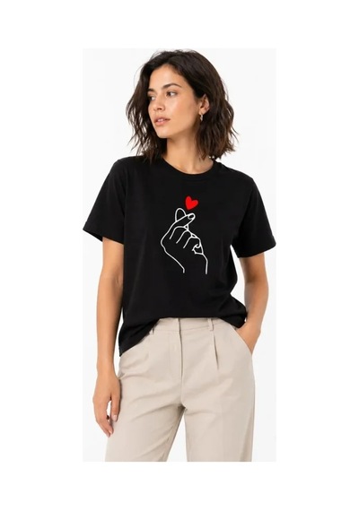 Veraura Lifestyle Kore Parmak Aşk Temalı Minimal Baskılı Tişört Yazlık Kısa Kol T-shirt - Siyah