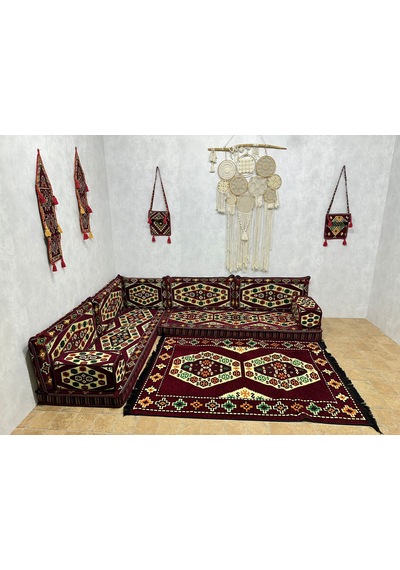 Coton Şark Köşesi Bordo Yörük Desen Minder Takımı 14 Parça