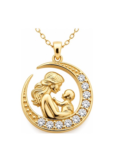 Premium Parlak Ve Şık Hilal İçinde Anne Bebek Figürlü Kadın Gold Renk 925 Ayar Gümüş Kolye 45 Cm Sarı