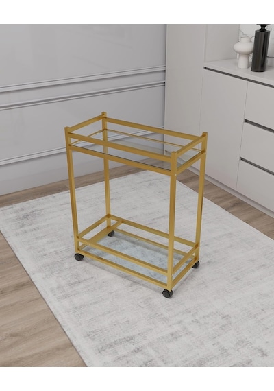 Çok Amaçlı Tekerlekli Sunum Servis Arabası Yan Sehpa Cam Raflı Gold Metal İskeletli Servant Genel