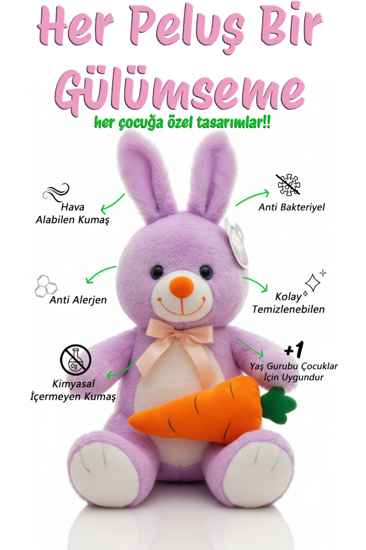 Havuçlu Tavşan Pembe 50 Cm Çocuklara Özel Sevimli Peluş Mor