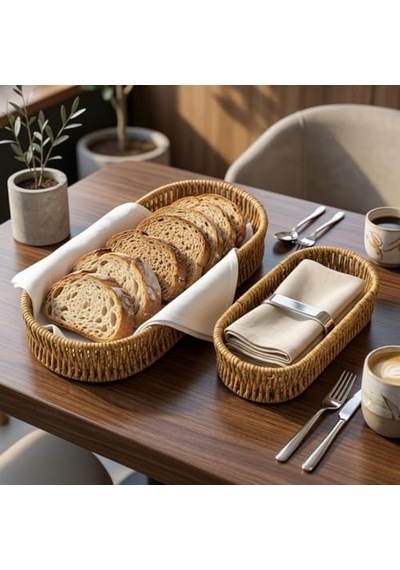 Deinhaus Oval Hasır Örgü Dekoratif Sepet Tepsisi, Doğal Renk, 2'li Set, Büyük 28x10x5 Cm, Küçük 24x9x5 Cm Diğer