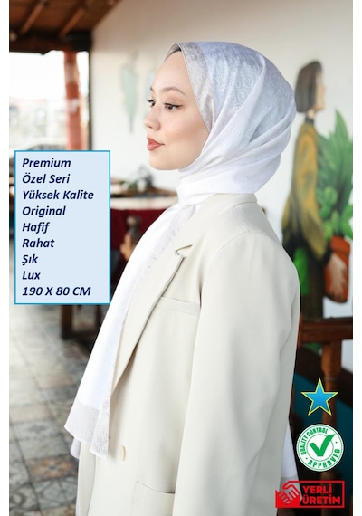 Premium Lux Original Monogram Şal İpek Vual, Yüksek Kalite, Hafif, Rahat, Şık, Tesettür, Shawl Krem & Kahve