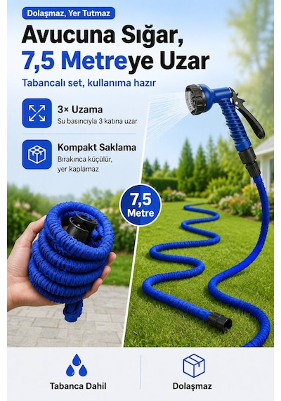 Uzayan Bahçe Sulama Araç Yıkama Hortumu 7.5 Metre Tabancalı
