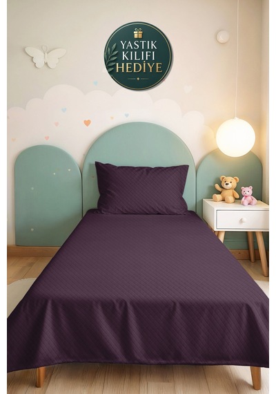 Mor Kapitone Genç Odası Tek Kişilik Pike Takımı - Modern Mürdüm 160x220 Cm Kapitone Yatak Örtüsü Puslu Amber Kıyısı