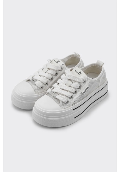 Derinet Bağcıklı Taş Aksesuarlı Kadın Sneaker Beyaz Beyaz