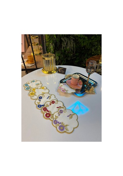 Kokteyl Peçetesi, Gold Çerçeveli Çok Renkli Oval Kesim Kahve Tepsisi Peçeteliği,6'lı Sunumluk Peçete Renkli-beyaz-gold